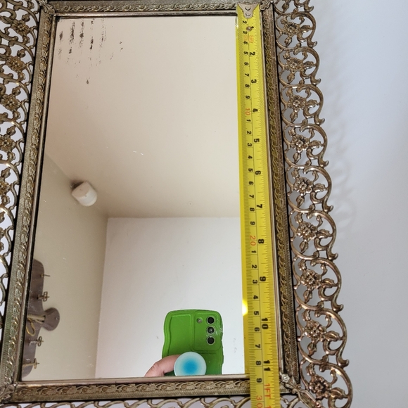 Vintage Ornate Openwork Brass Tone Metal Mirrored Vanity Tray - Picture 16 of 16